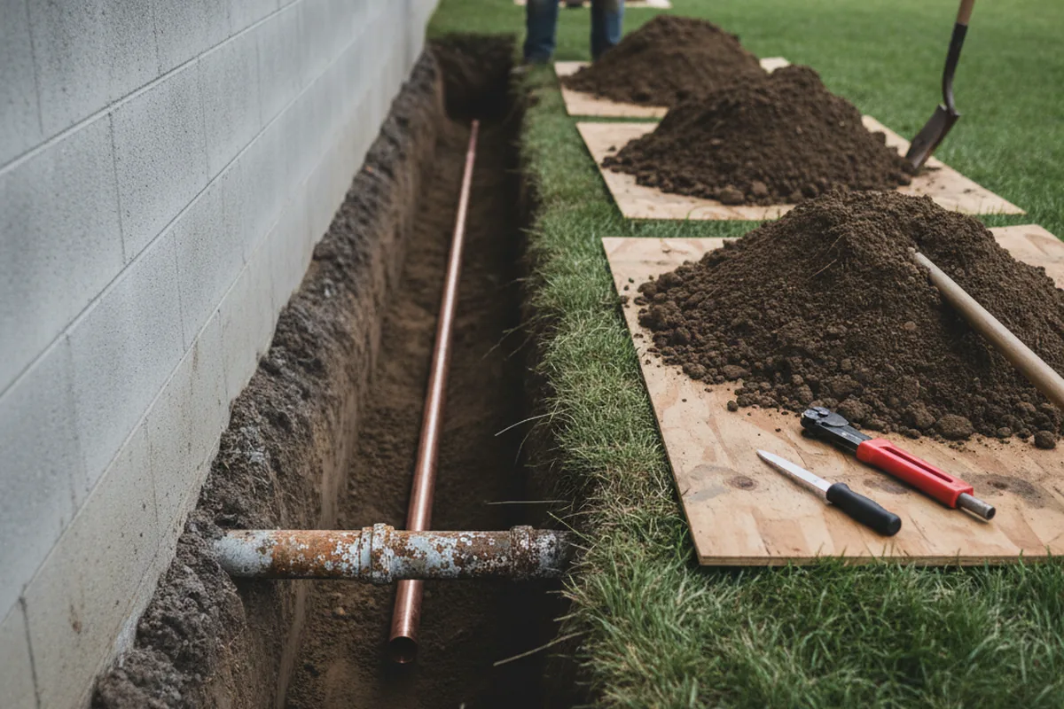 Excavated water line trench during Water Heater Repair in Lakewood